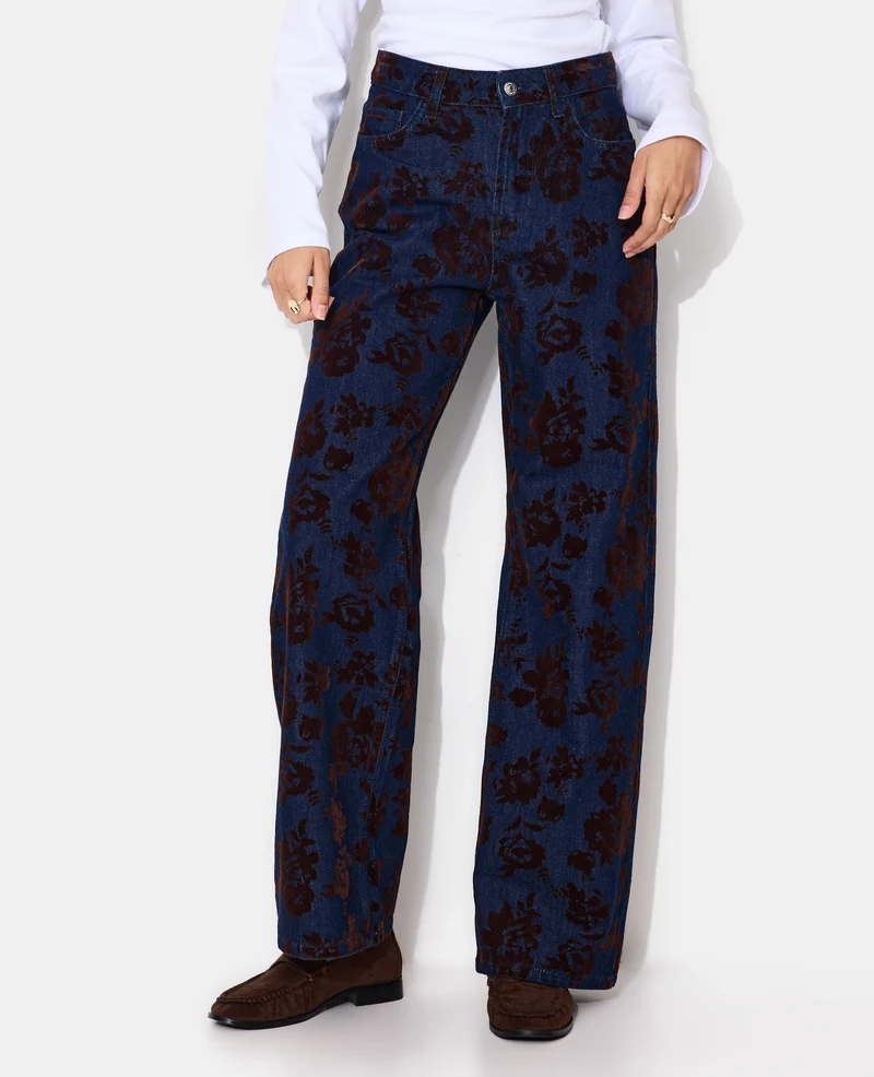 Jean straight taille haute avec fleurs velours