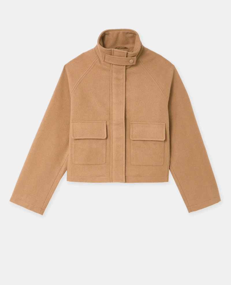 Manteau court drap de laine avec col montant