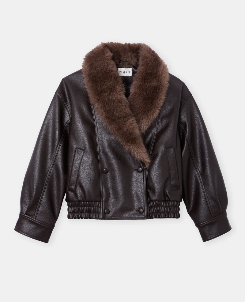 Blouson en simili grand col fausse fourrure