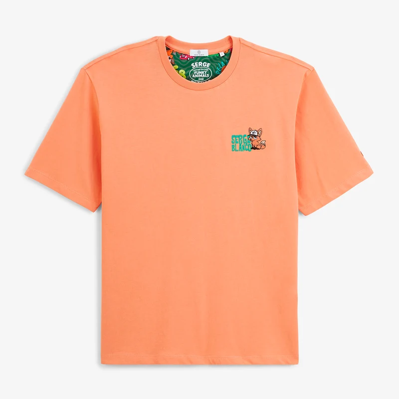 T-shirt manches courtes coton orange abricot badge brodé Funky Animals Thor