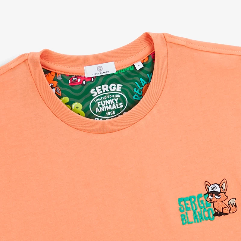 T-shirt manches courtes coton orange abricot badge brodé Funky Animals Thor