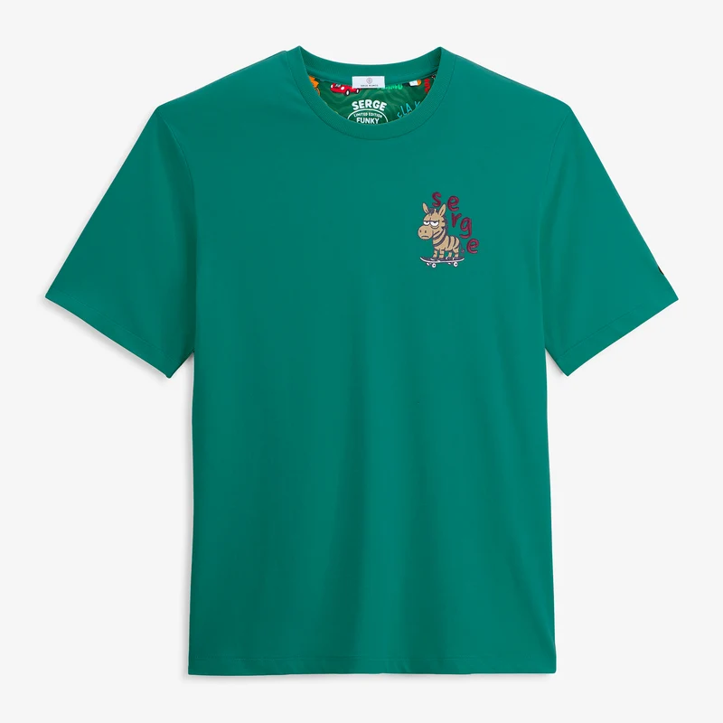 T-shirt manches courtes coton vert badge brodé Funky Animals Thor