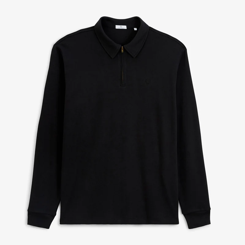 Polo zippé manches longues en coton interlock noir