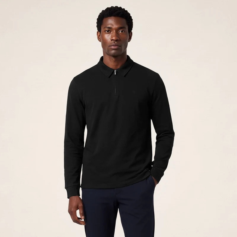 Polo zippé manches longues en coton interlock noir
