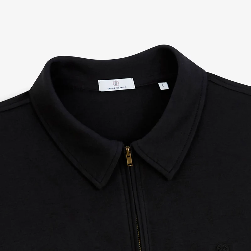 Polo zippé manches longues en coton interlock noir