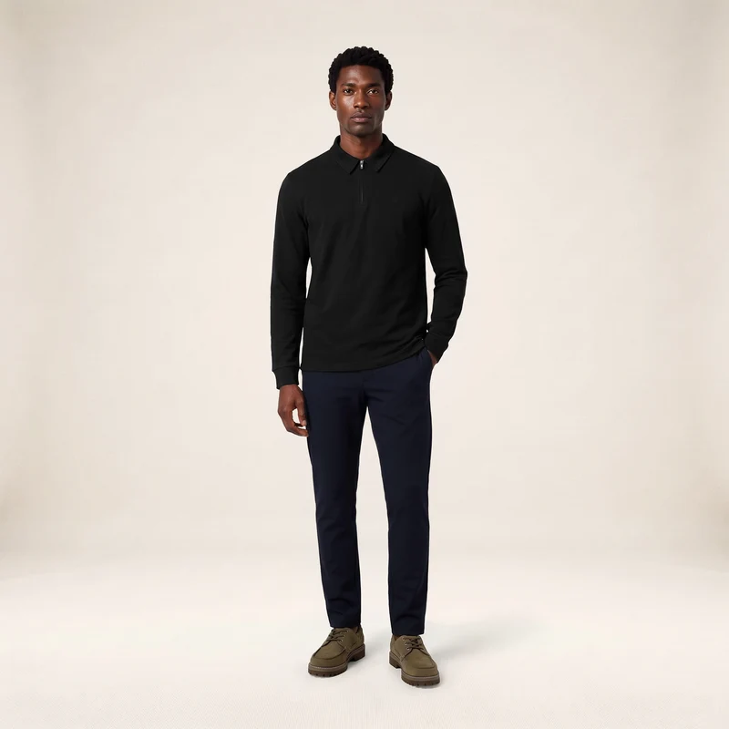 Polo zippé manches longues en coton interlock noir