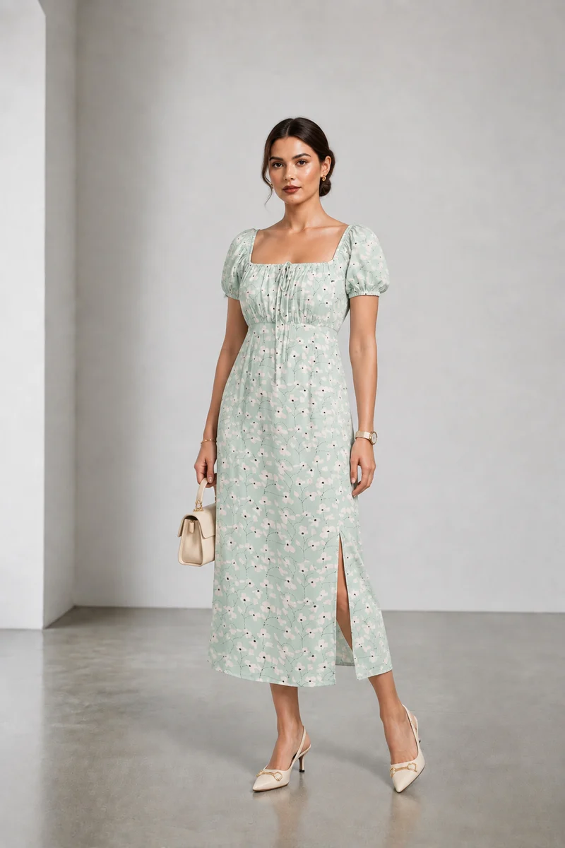 Maeva|Viscose Square Neck Midi Dress