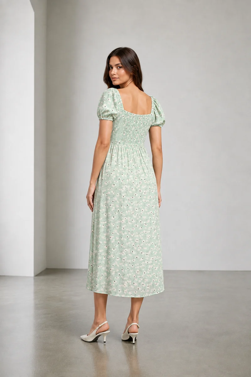 Maeva|Viscose Square Neck Midi Dress