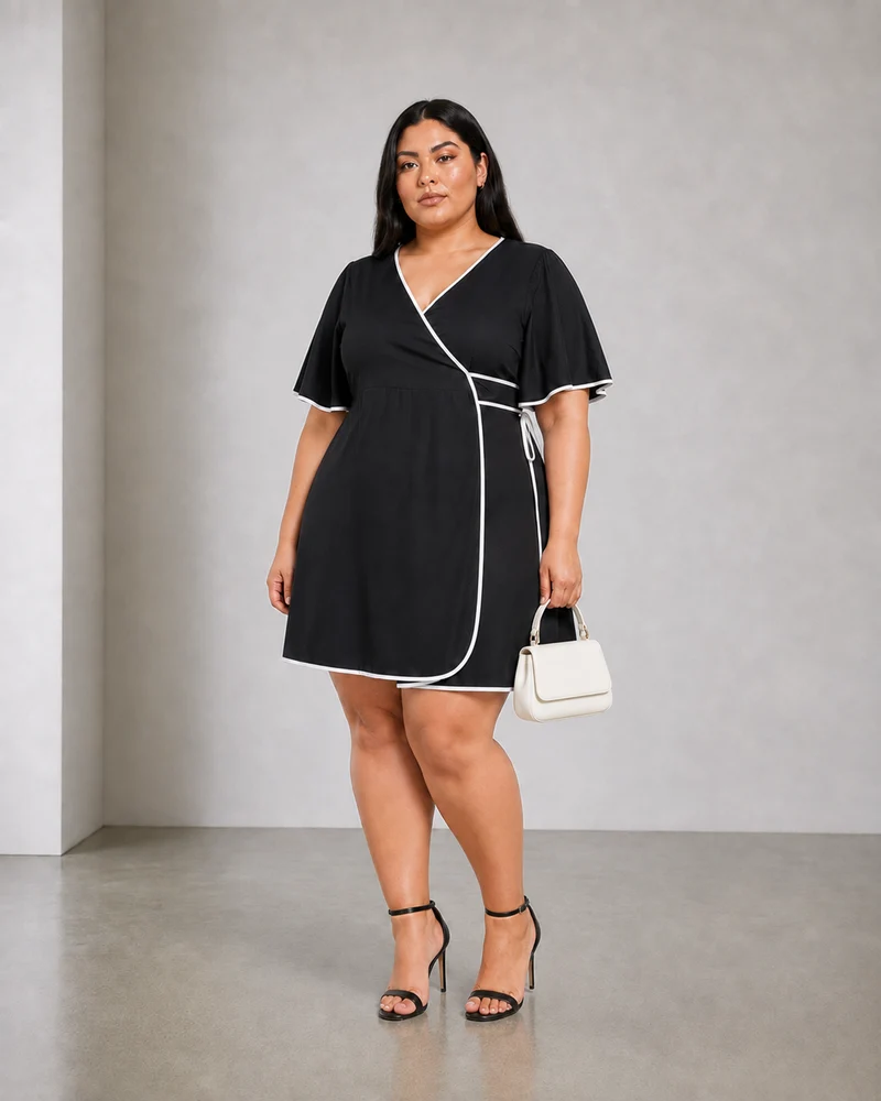 Raviel|Viscose Contrast Piping Wrap Dress