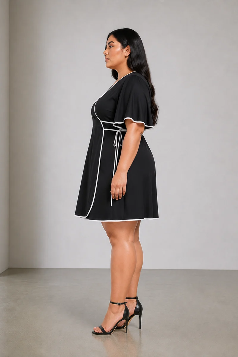 Raviel|Viscose Contrast Piping Wrap Dress