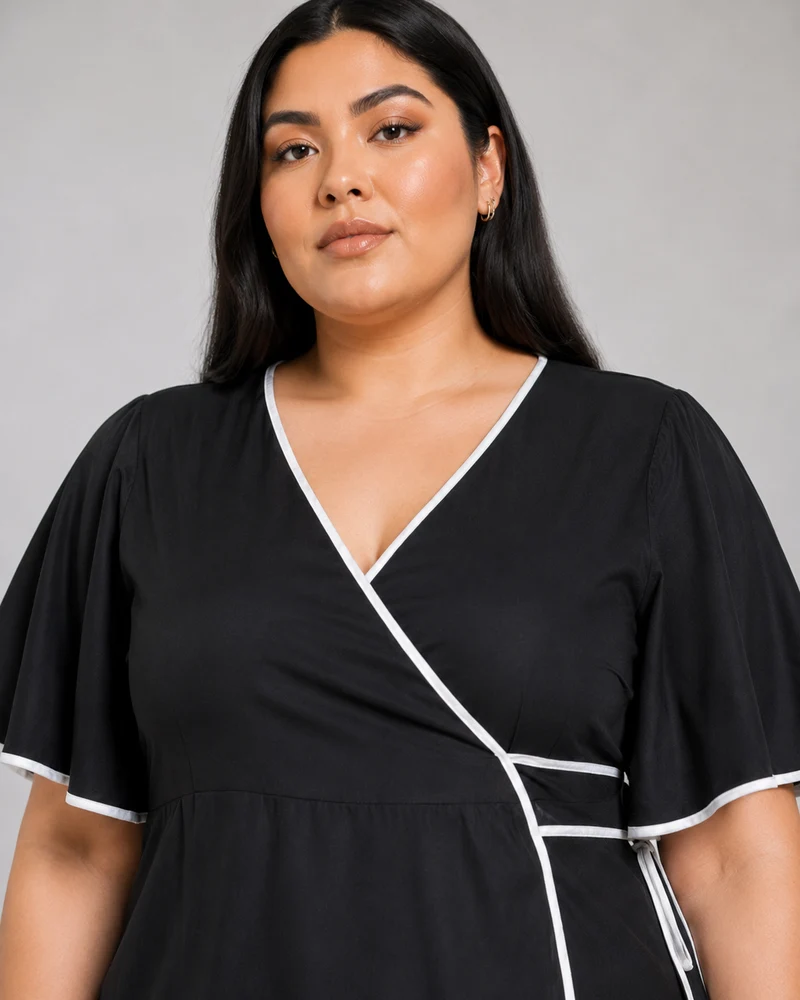 Raviel|Viscose Contrast Piping Wrap Dress