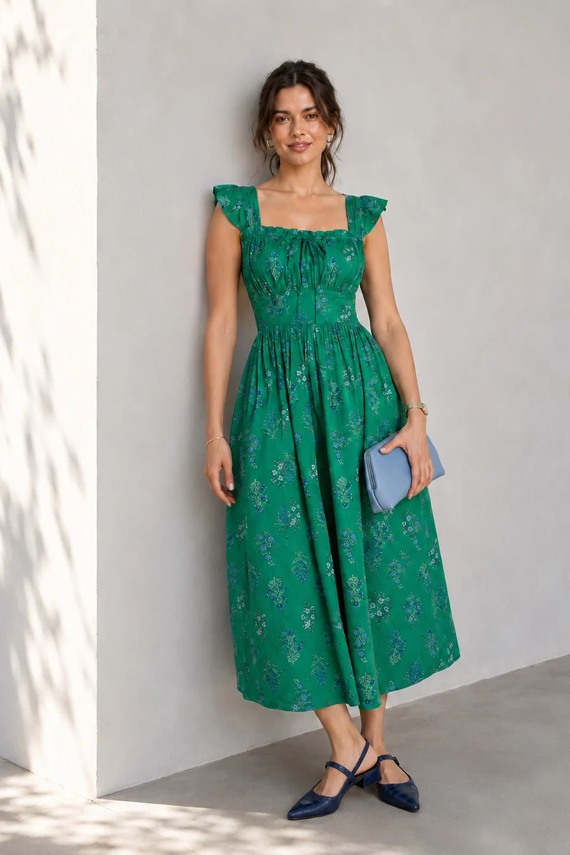 Savra|Cotton Ruffle Sleeve Printed Midi Dress