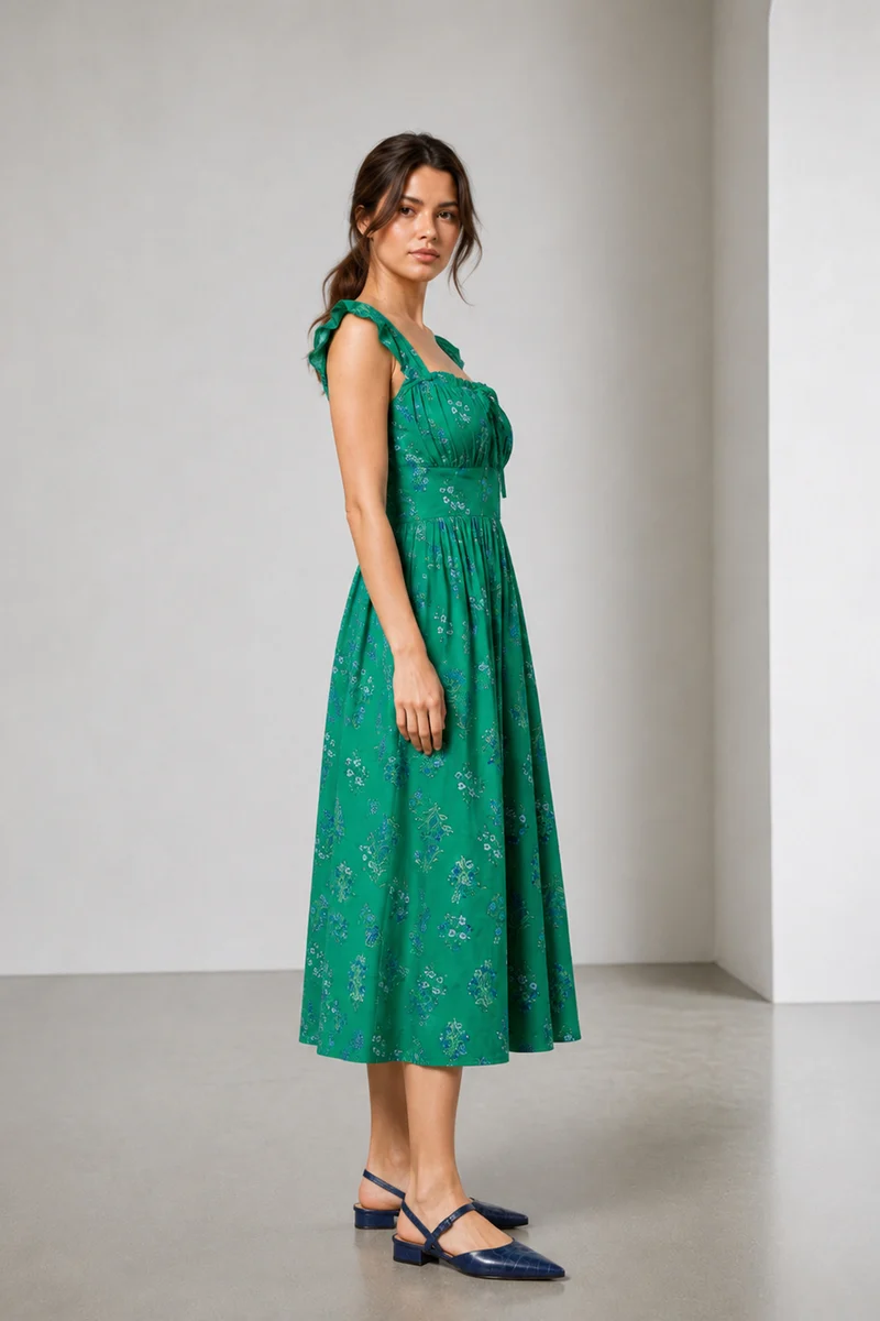 Savra|Cotton Ruffle Sleeve Printed Midi Dress