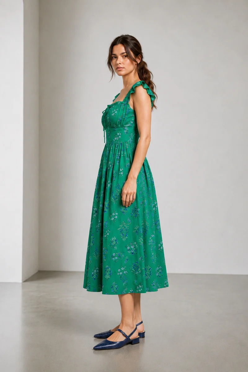 Savra|Cotton Ruffle Sleeve Printed Midi Dress