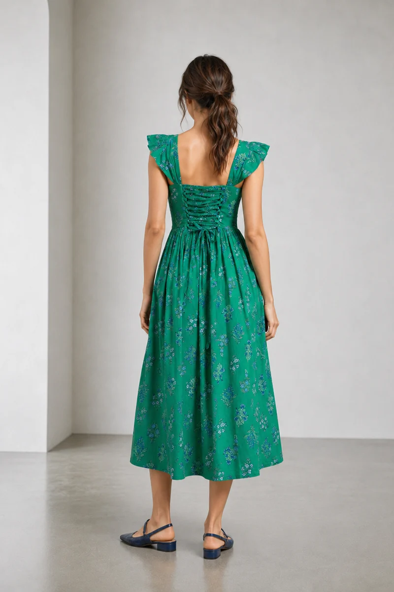 Savra|Cotton Ruffle Sleeve Printed Midi Dress
