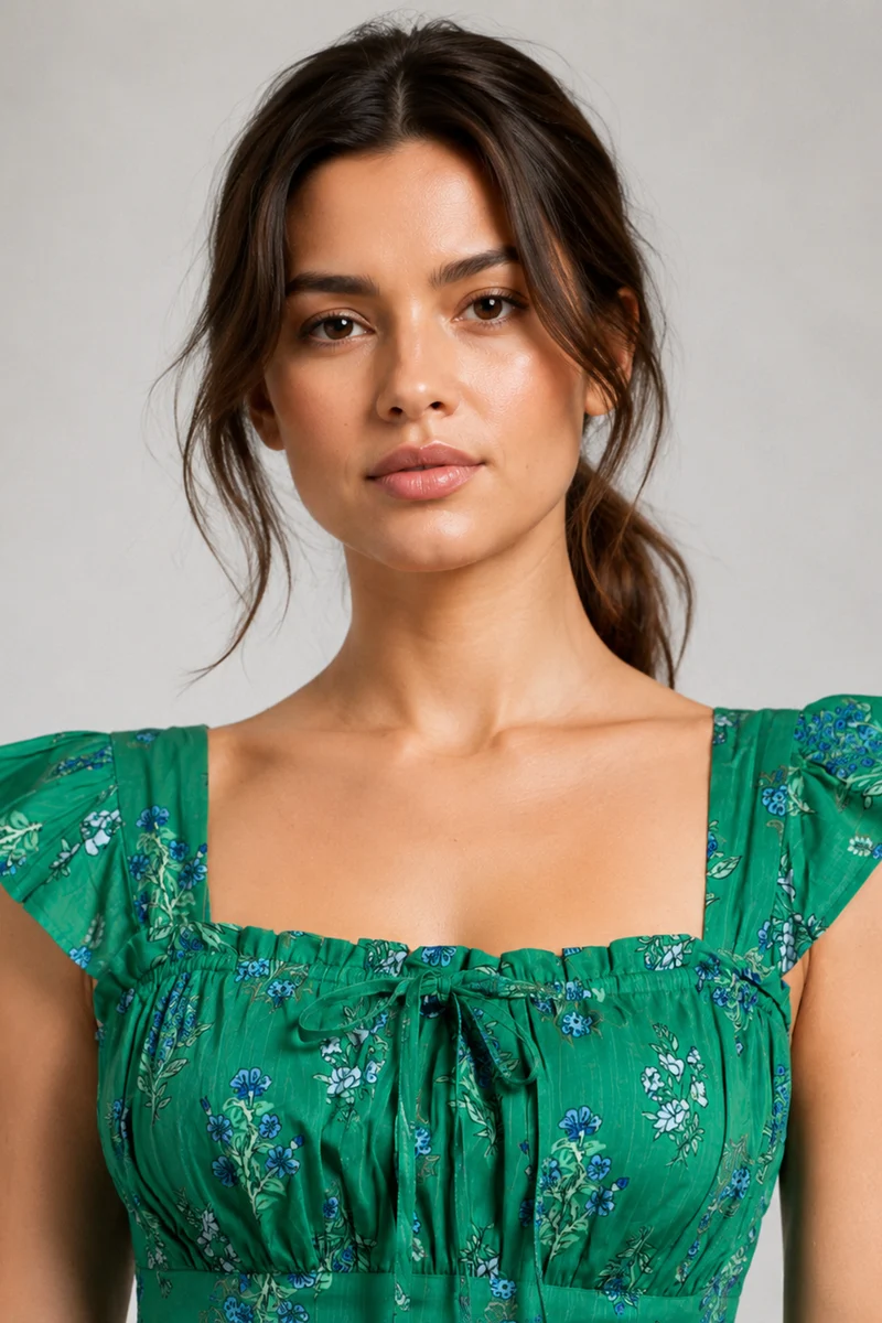 Savra|Cotton Ruffle Sleeve Printed Midi Dress