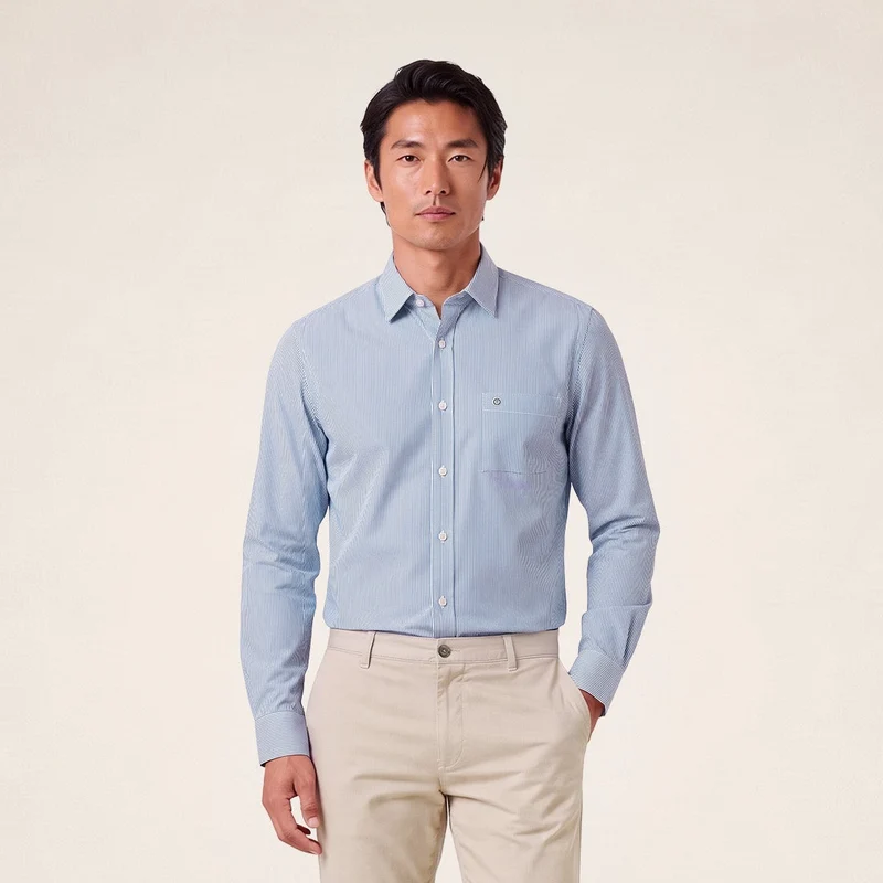 Chemise manches longues 100% coton rayée bleue