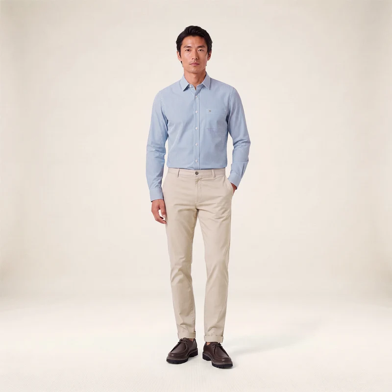 Chemise manches longues 100% coton rayée bleue