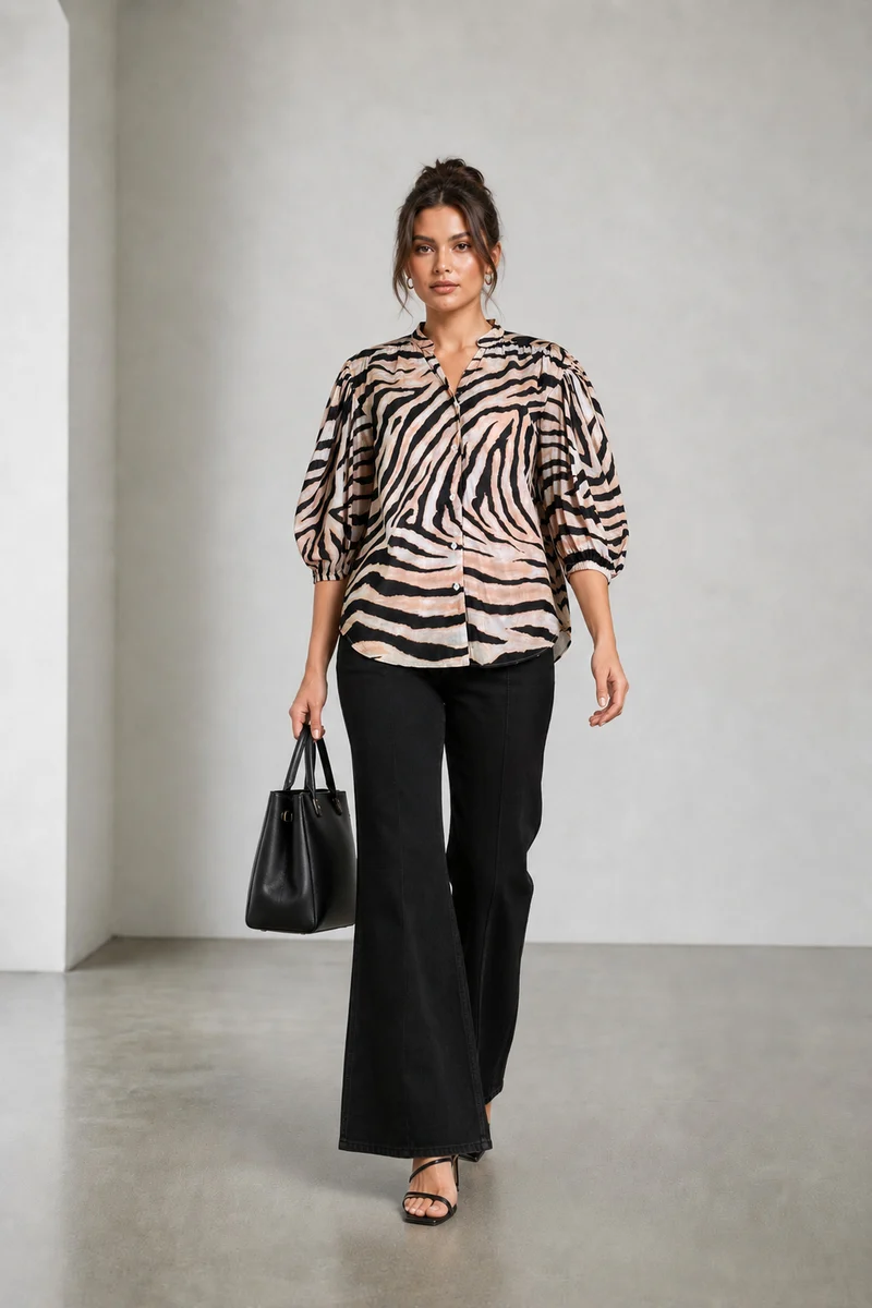 Orli|Cotton Animal Printed Balloon Sleeve Shirt