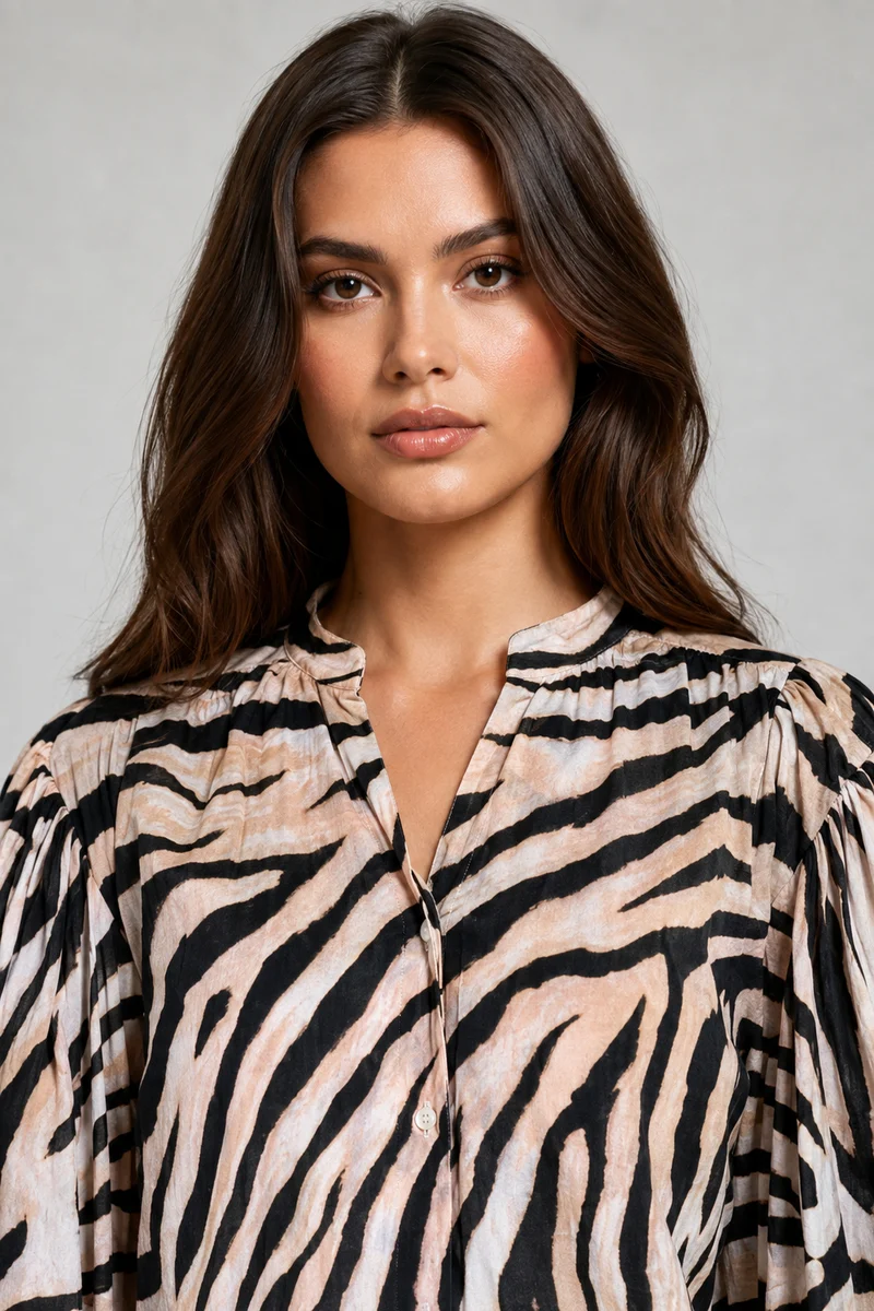 Orli|Cotton Animal Printed Balloon Sleeve Shirt