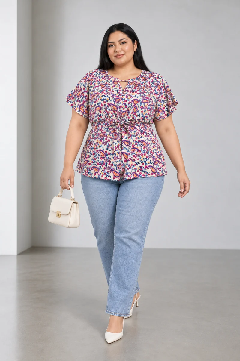 Paisel|Viscose Floral Printed Tie Waist Top