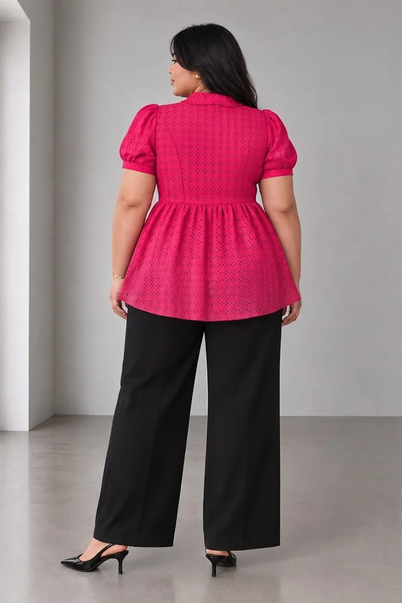Rosen|Cotton Schiffli Peplum Collared Top