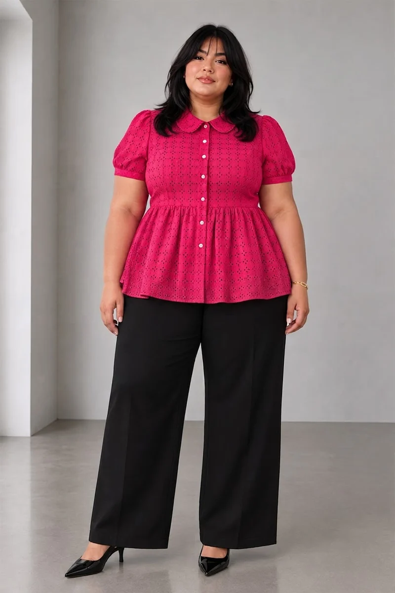 Rosen|Cotton Schiffli Peplum Collared Top