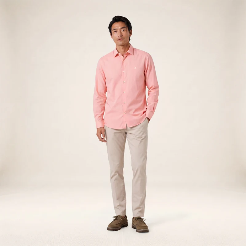 Chemise manches longues coton stretch rose