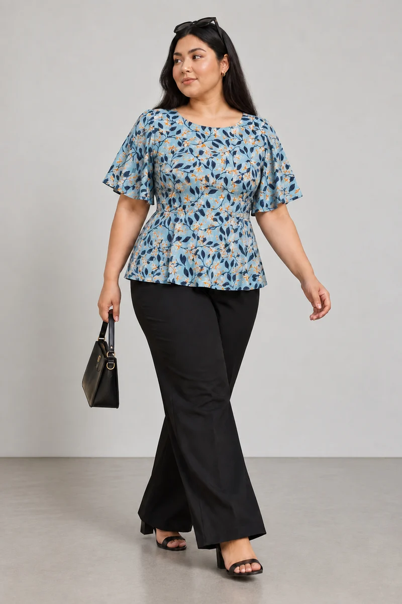 Mivra|Cotton Linen Printed Flutter Sleeve Top