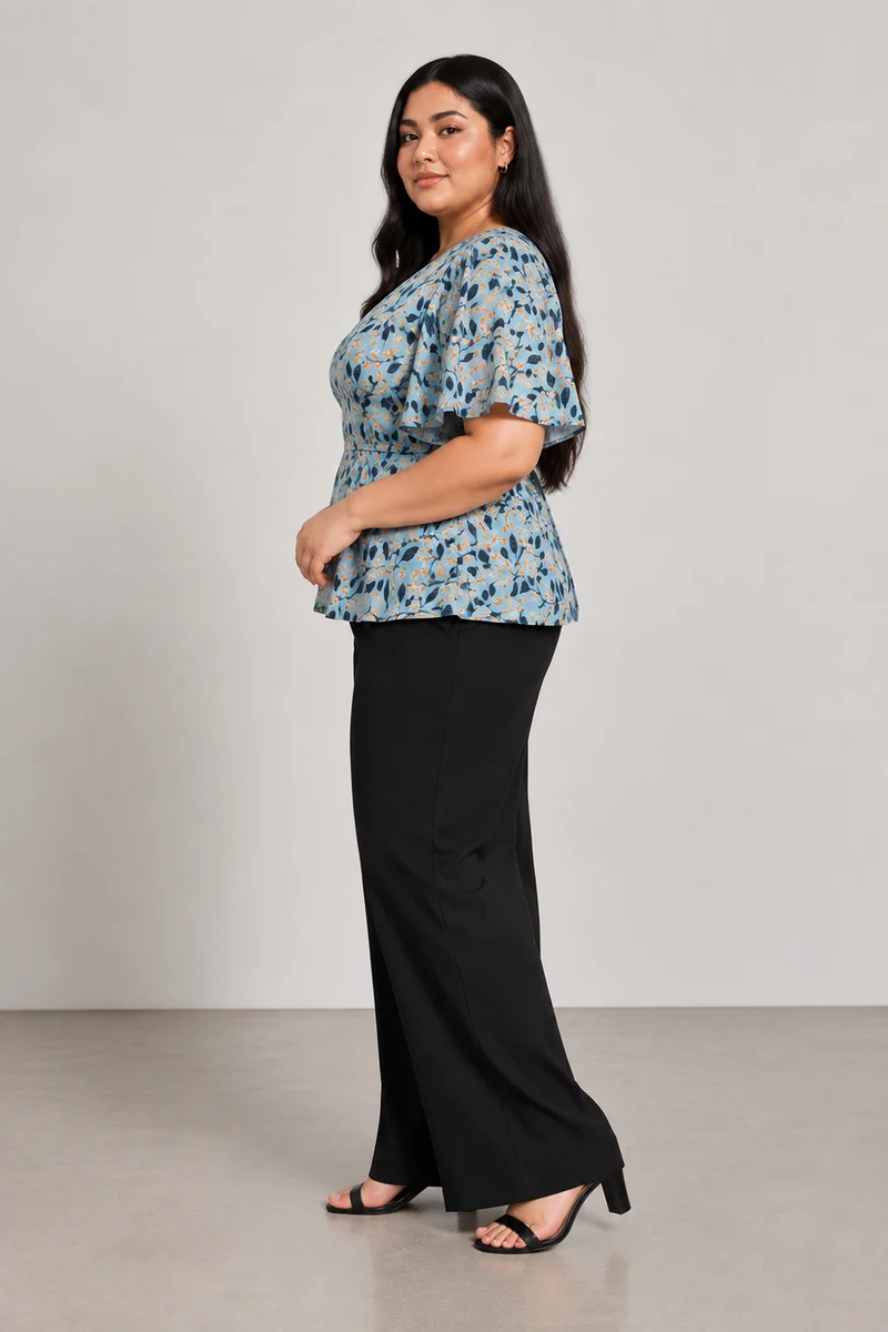 Mivra|Cotton Linen Printed Flutter Sleeve Top