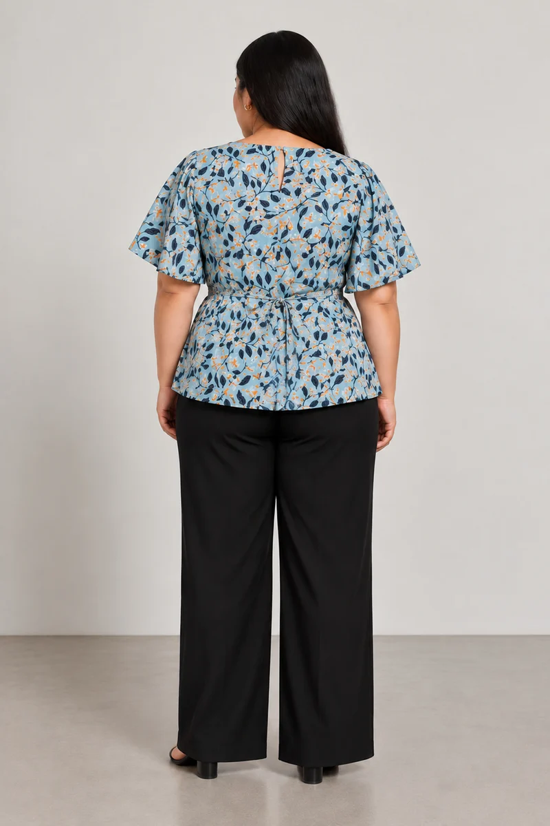 Mivra|Cotton Linen Printed Flutter Sleeve Top
