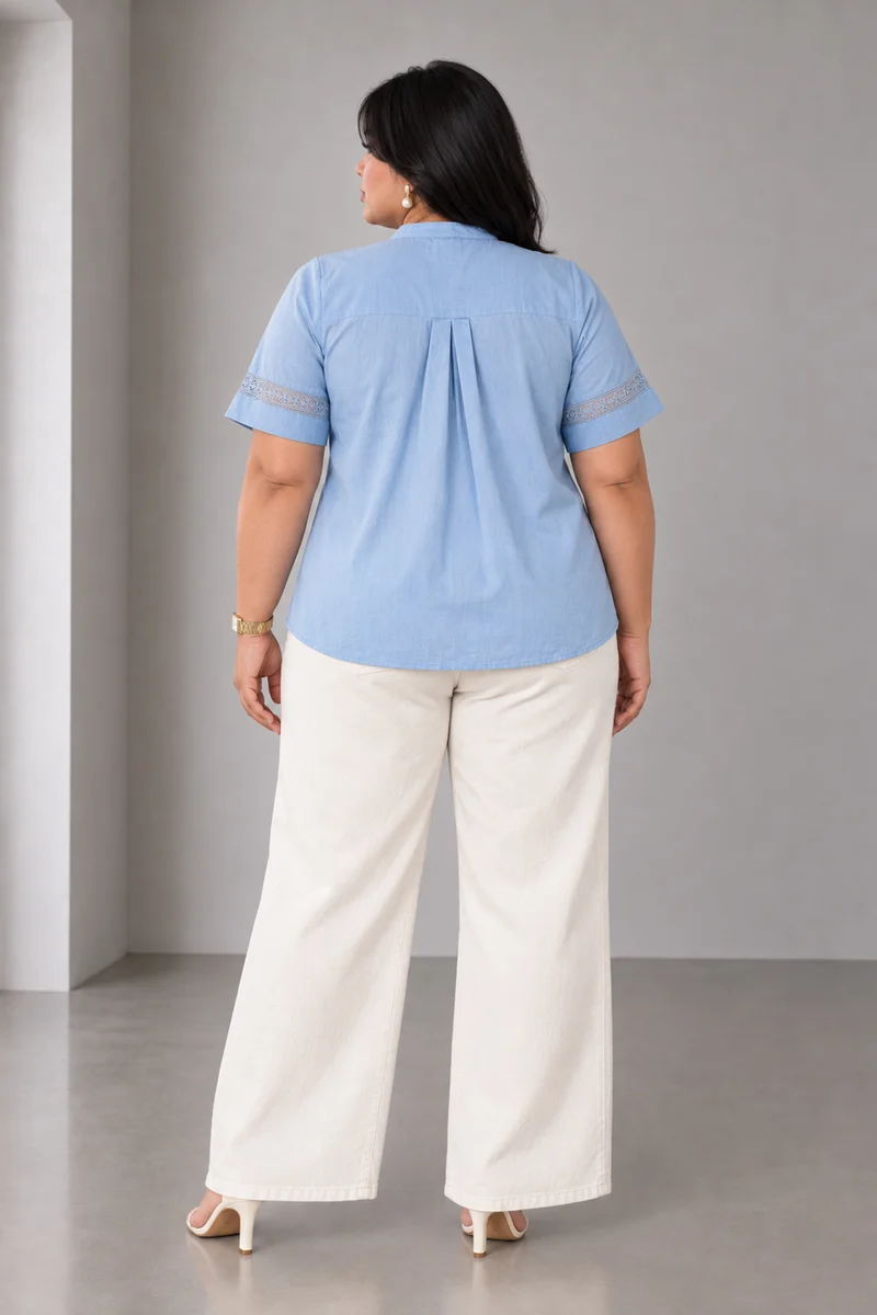 Tavin|Light Blue Oxford Lace Detail Top