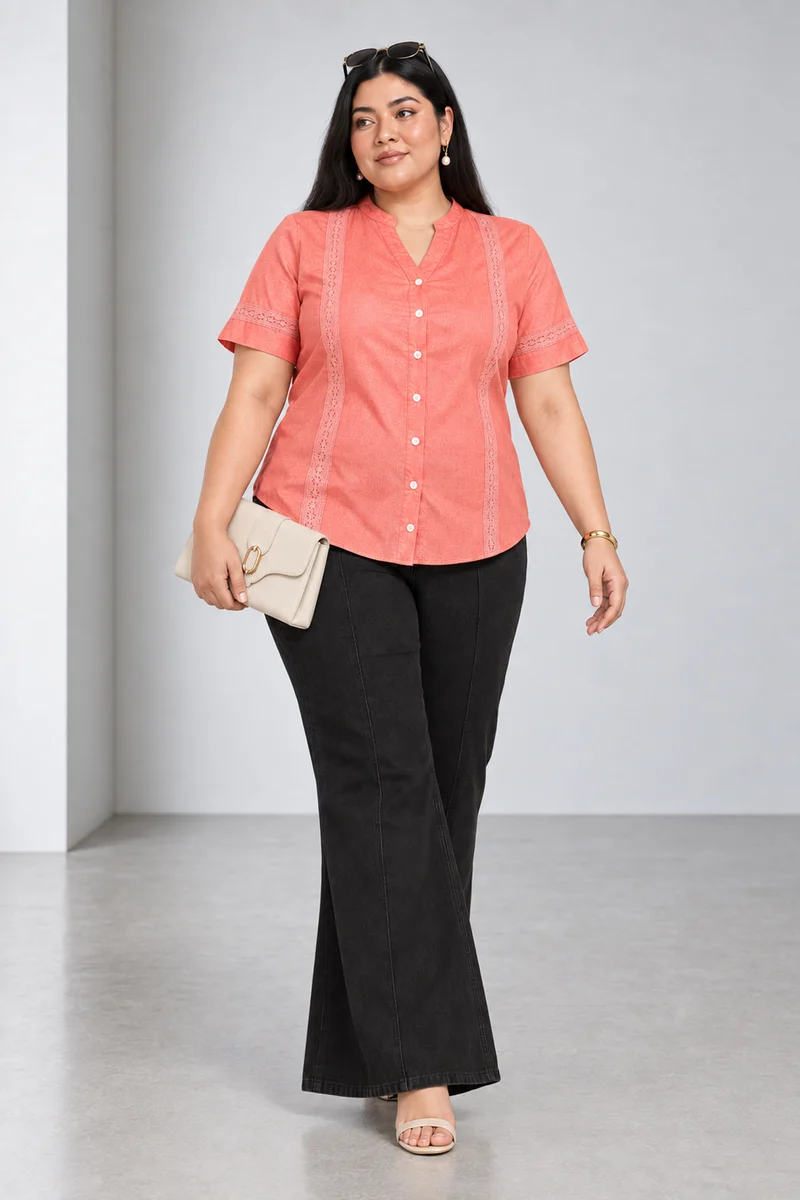 Roa|Light Orange Oxford Lace Detail Top