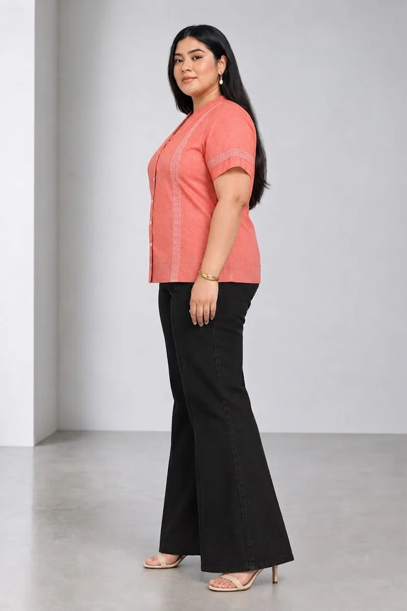 Roa|Light Orange Oxford Lace Detail Top