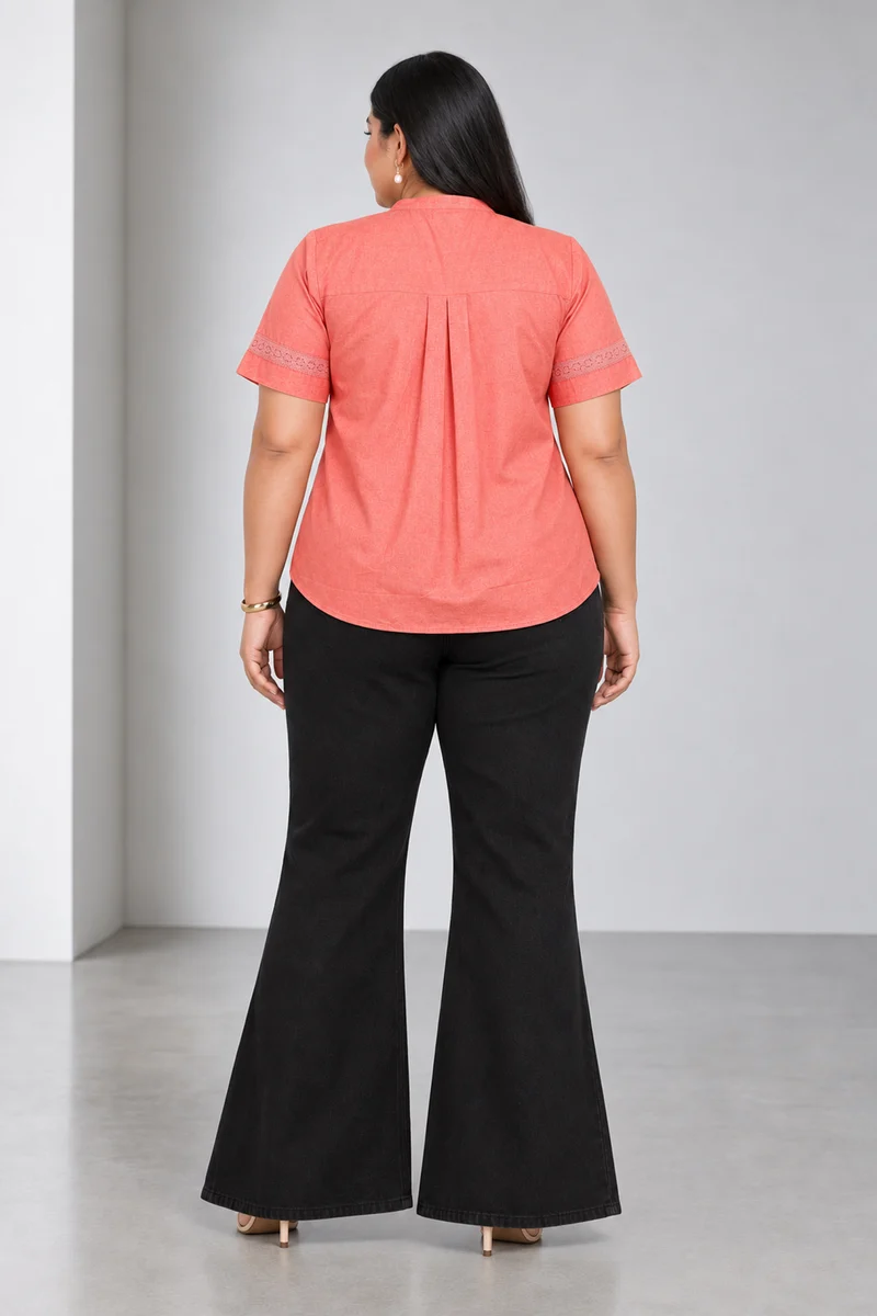 Roa|Light Orange Oxford Lace Detail Top