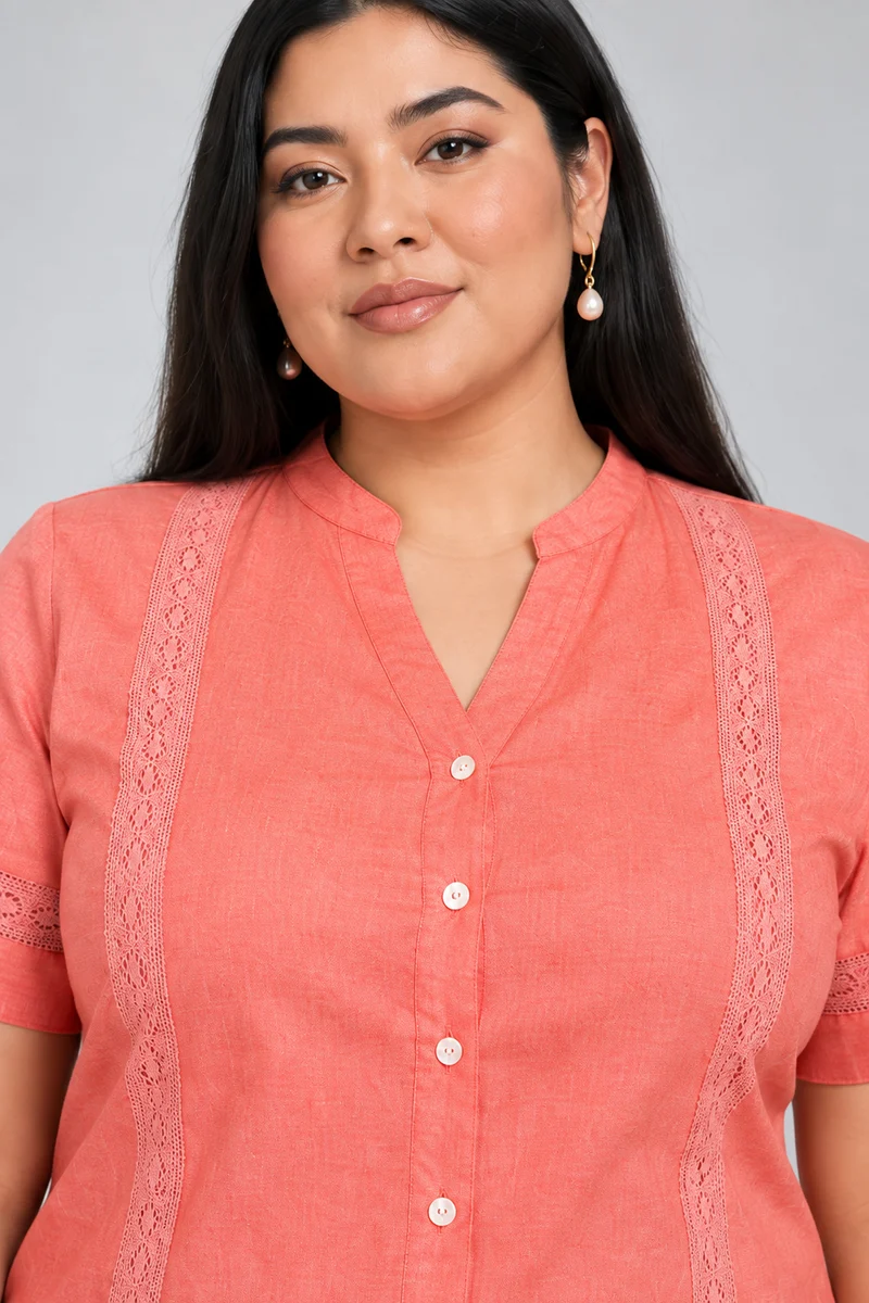 Roa|Light Orange Oxford Lace Detail Top