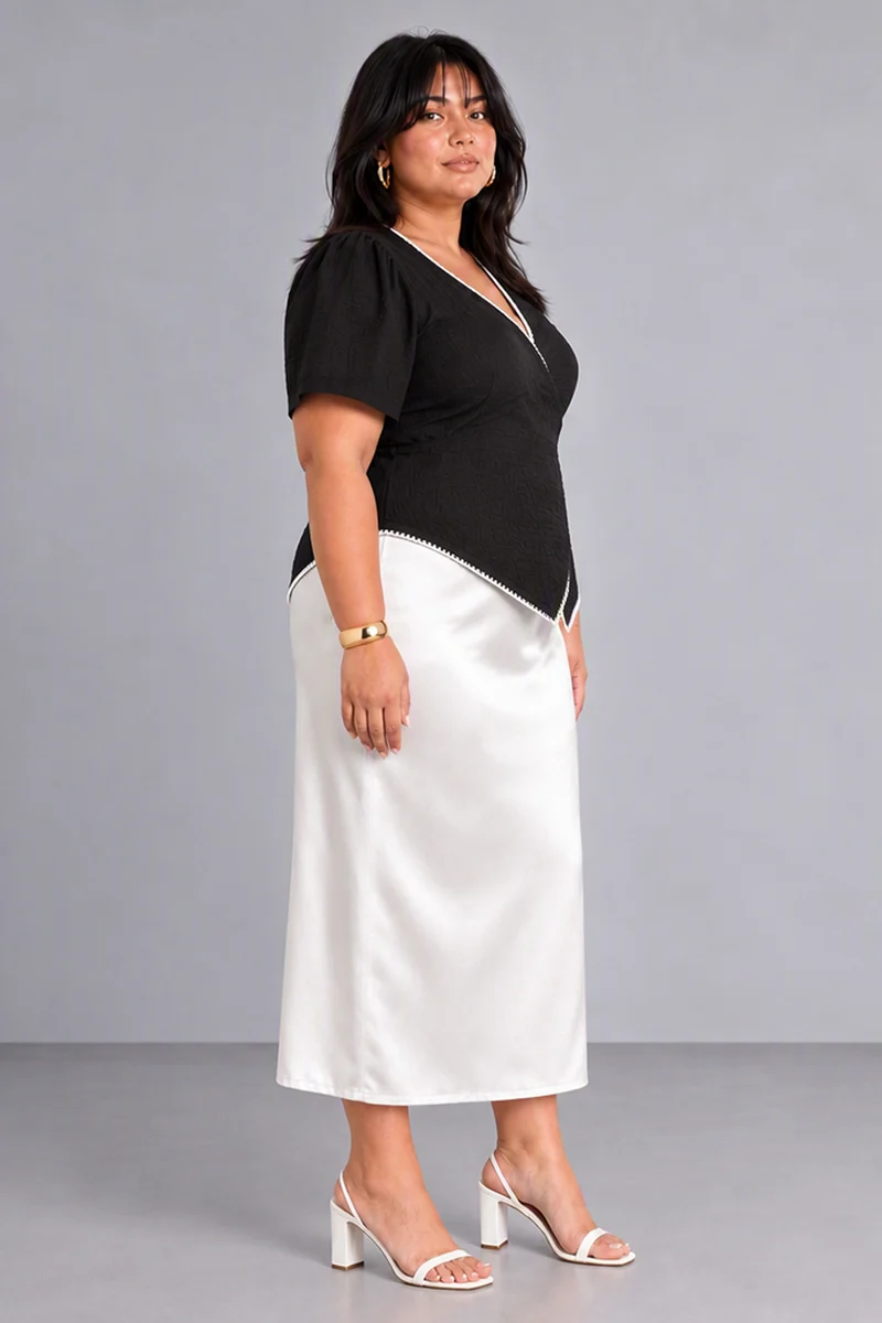 Torra|Black Cotton Dobby Lace Trim Wrap Top