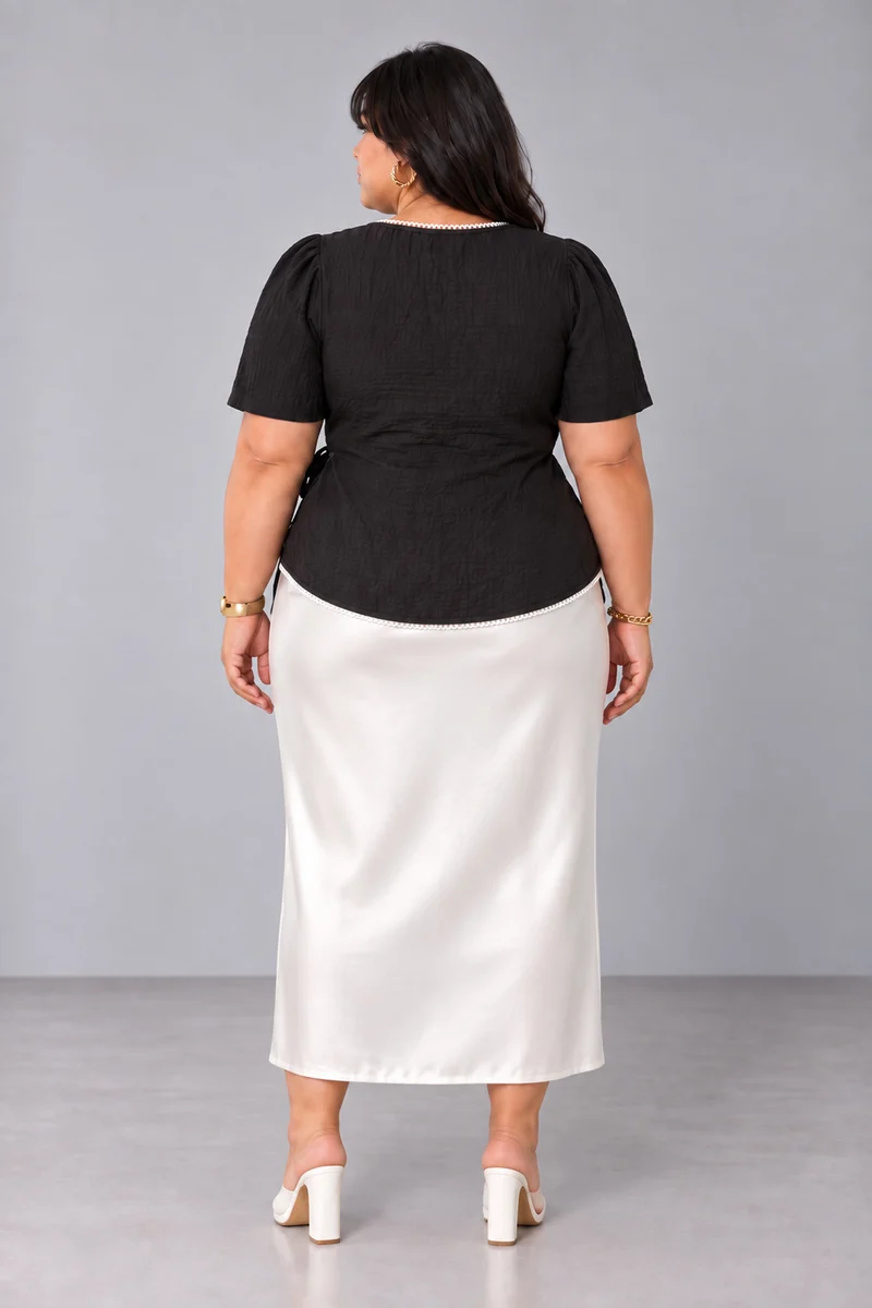 Torra|Black Cotton Dobby Lace Trim Wrap Top