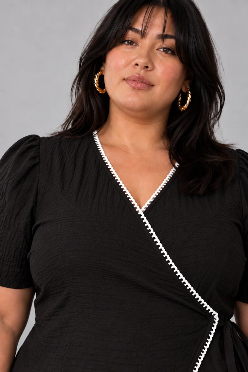 Torra|Black Cotton Dobby Lace Trim Wrap Top