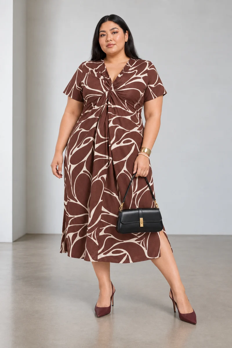 Orel|Cotton Twist Front V Neck Midi Dress
