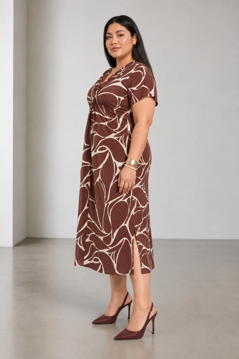 Orel|Cotton Twist Front V Neck Midi Dress