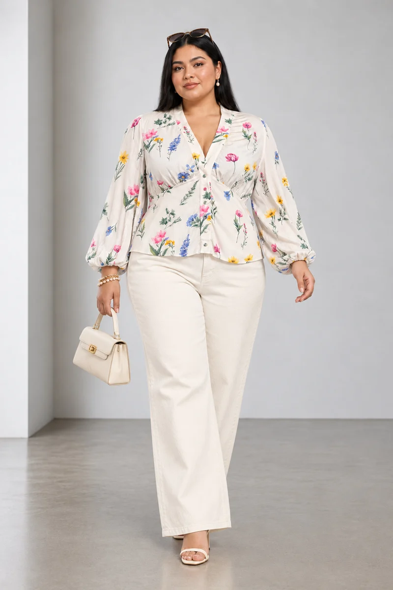 Elvyn|Viscose V Neck Puff Sleeve Top