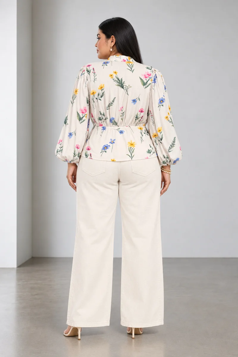 Elvyn|Viscose V Neck Puff Sleeve Top