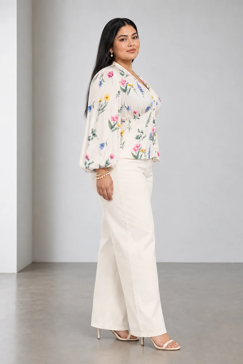 Elvyn|Viscose V Neck Puff Sleeve Top