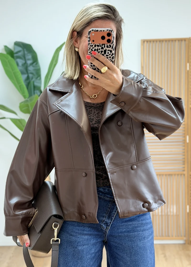 Veste simili cuir double boutonnage ceinturé