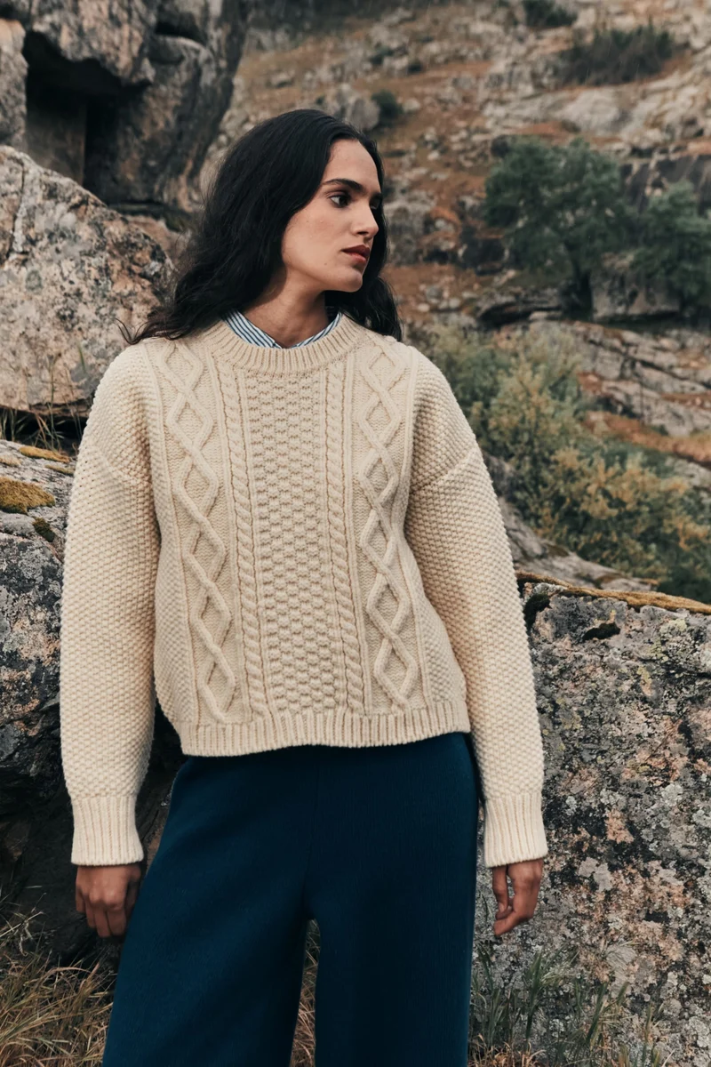 PAOLA Irish Cable Sweater in Merino Wool - Off-White