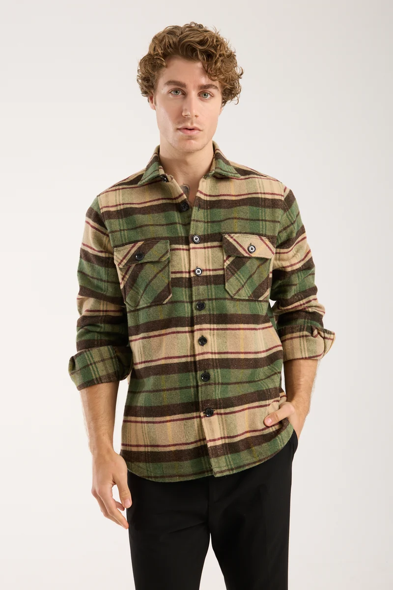 Sport Flannel Man Shirt Beige Brown