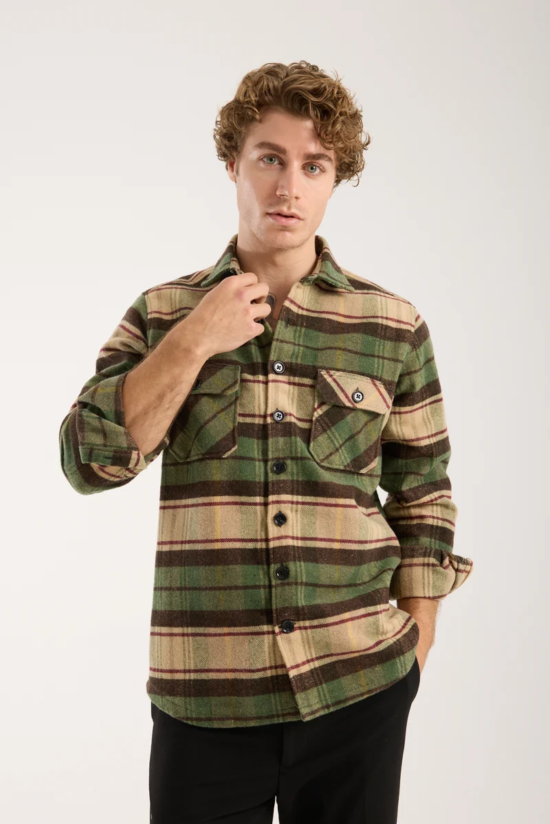 Sport Flannel Man Shirt Beige Brown