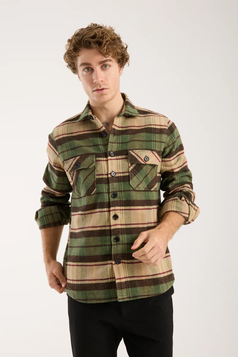 Sport Flannel Man Shirt Beige Brown