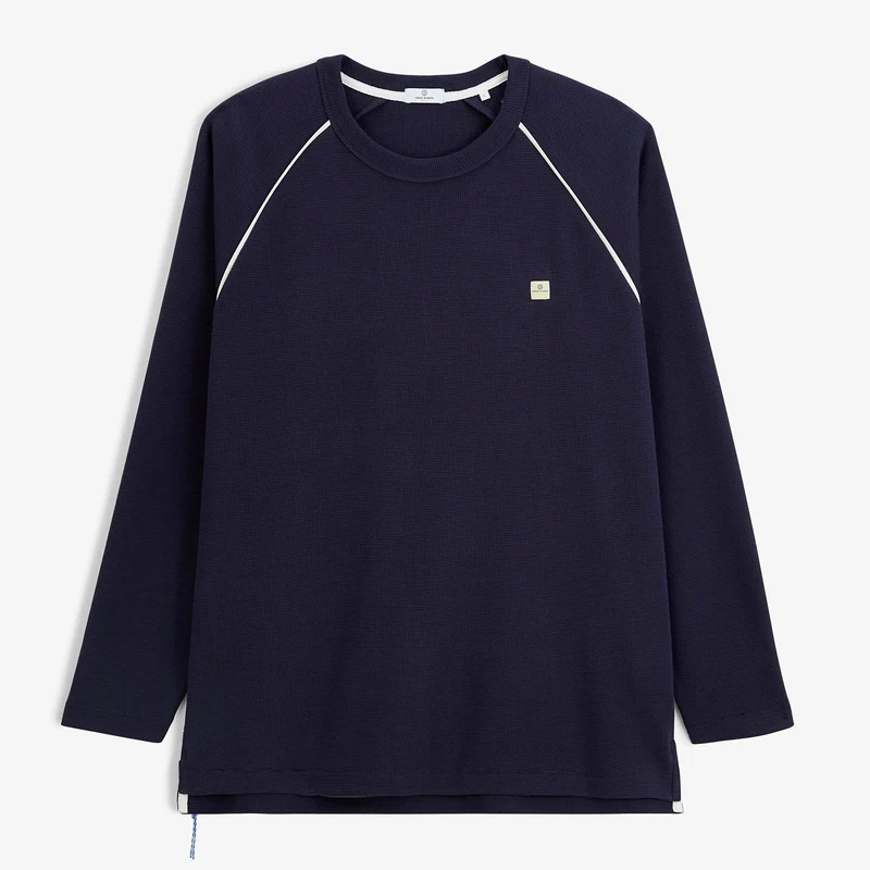 T-shirt manches longues raglan piping col rond coton gaufré bleu marine SBPLAY